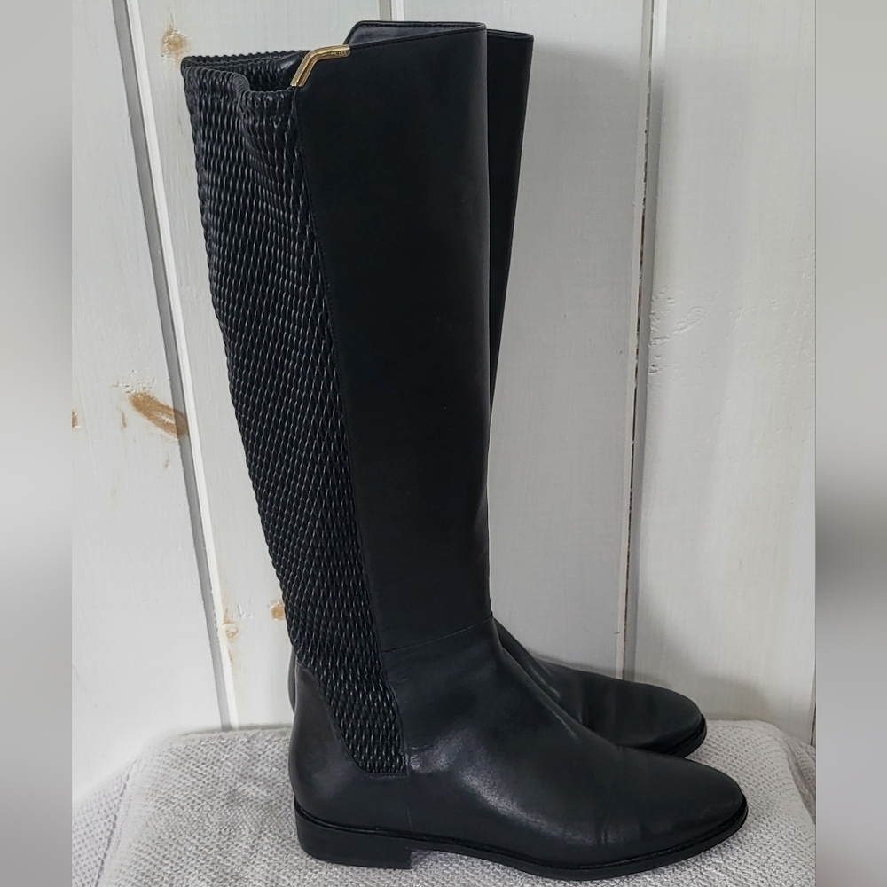 Cole Hann Knee High Leather Stretch Back Black Riding Boot